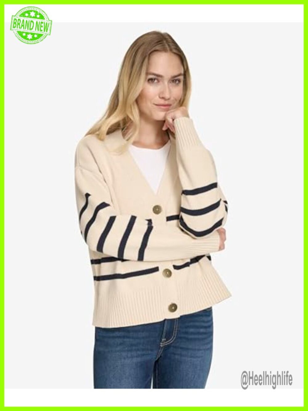 Long Sleeve V-Neck Striped Cotton Cardigan Sweater - Picture 2 of 6